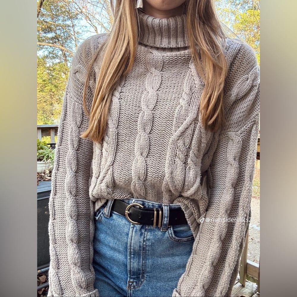 St. John's Bay Cable Knit Turtleneck Sweater - Beige